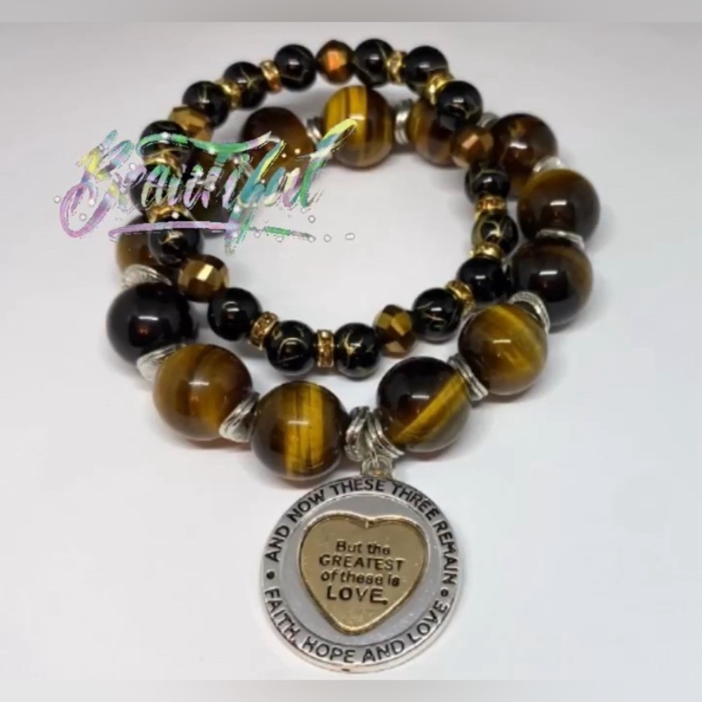 NWT “but the Greatest of ALL” 1st Corinthians 13:13 10mm Tiger Eye 2PC Bracelets - Picture 3 of 8